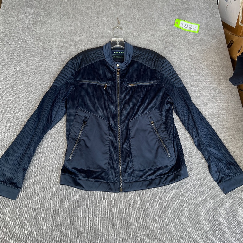 Zara Motorcycle Bomber Jacket Mens XL Blue Mesh Quilted Shoulder Panels Full Zip